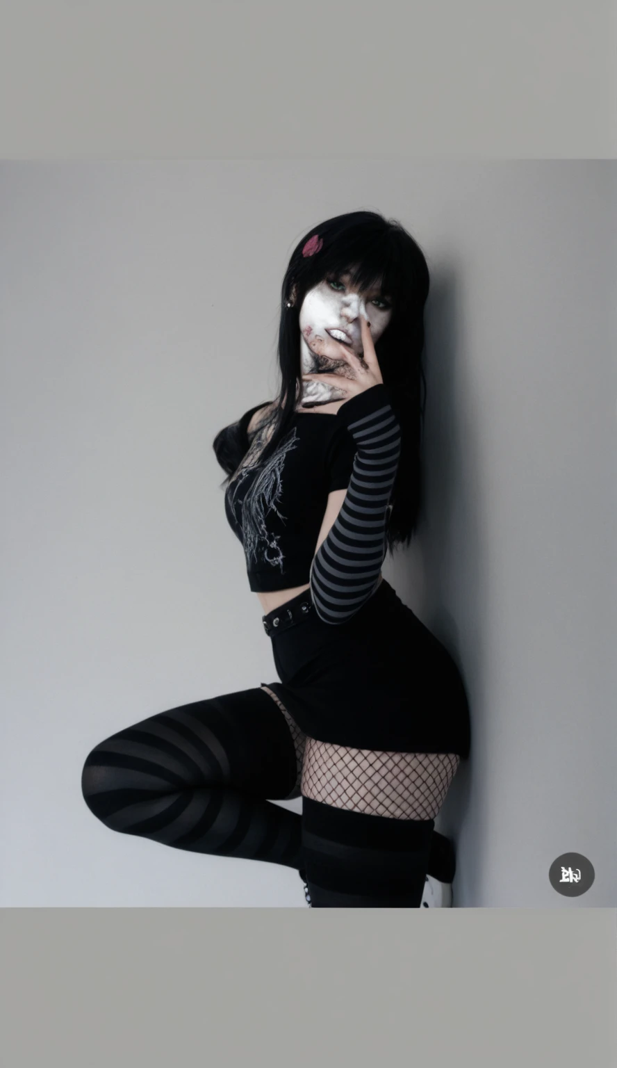 1girl, solo, woman, goth, shag with curtain bangs, black hair, black lips, black lipstick, eyeliner, msacara, eye shadow, mirror selfie, tshirt, bedroom, goth girl, pale skin, sitting, goth makeup, dark eyes, smoky eyes, panties, full body, fishnets, photorealistic,