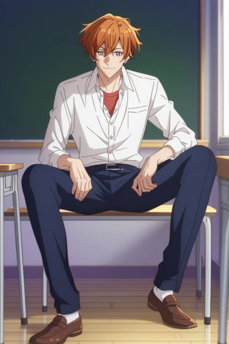 man, un man, short hair, orange hair brown eyes , navy blue school pants, white school dRess shiRt, Arrogant smile, Allow posture in a classroom, Sitting on the classroom floor, Anime by Sasaki Shummei, open legs , dark brown school shoes