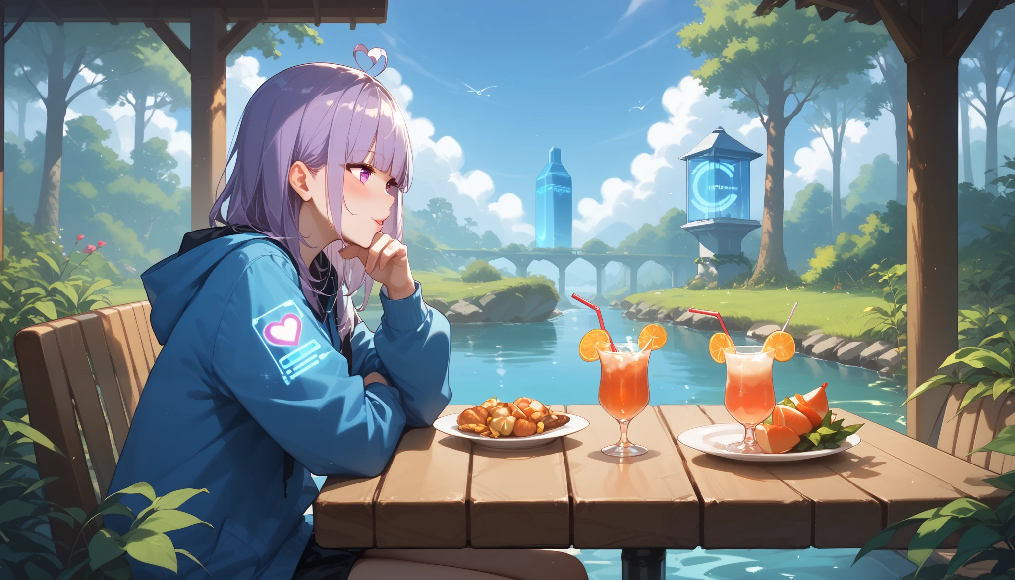 A futuristic café named "Melody Mood" in the heart of a neon-lit cyber forest. The wooden café blends modern technology with nature, featuring holographic menus and glowing vines creeping up the structure. The sky is a deep purple, filled with digital auroras. A solitary woman sits at a high-tech table, scrolling through a futuristic device while sipping an iridescent drink. The scene has a mix of organic warmth and neon aesthetics.