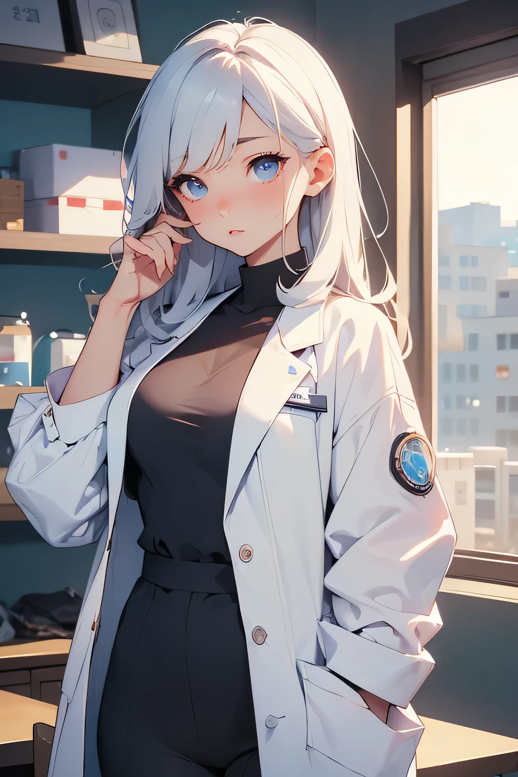 top quality, masterpiece, 8k, photorealist , 超 kampala, very delicate and beautiful , kampala, Movie Light , intermediate shot, Portrait, perfect female body , sexy pose with a beautiful woman, mature women, Contrasting, put your hands on your head , and staring at the audience, ( Female doctor :1.6、 stethoscope、Glass、clean, wearing a white coat、wearing a white coat髪をアップスタイルに )、Medical Gloves、name tag、Scrub Suits、 Examination Room