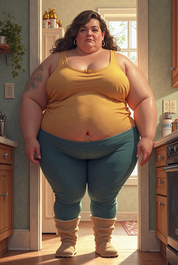 A muffin-baking photo of a middle-aged beautiful bottom heavy tradwife redhead ssbbw with pear-bodyhape, extreme wide hips, with short ginger hair soft fat belly, extremely wide fat obese hips, very obese legs, thick fat wide legs and fat arms, huge wide butt, cute pretty face, small breasts, blue eyes, freckles, in a long cooking apron in a kitchen, makeing lot ot muffins