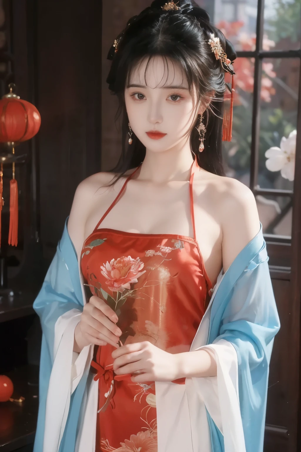 ( masterpiece, top quality, best quality, official art, beautiful and aesthetic:1.2), (1 Girl:1.3), flat chest, extremely detailed,(Fractal Art:1.1),(Flowers:1.3),Highest Detail,(dynamic pose), (background:1.3), (traditional Chinese costume:1.2), (glossy skin), ( many colors :1.4), ,(earrings:1.1),