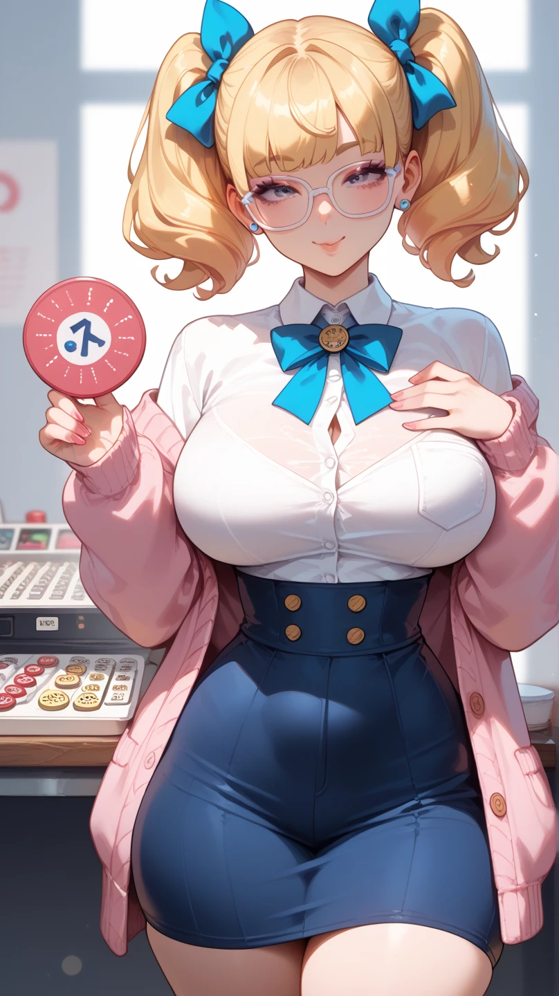 Erotic Anime Illustration、High resolution、Plump high school girl playing at the game center、beautiful eyes、lovelive、Kagamine rin、ecstatic expression、Modified sailor suit、Overwhelming huge breasts that go beyond common sense、thick legs with fat、perfect proportions、cowboy shot