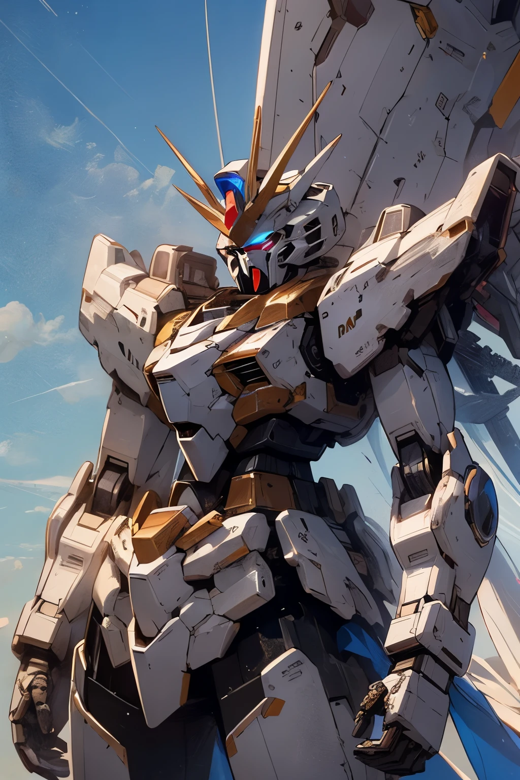 White and blue, white machine, white and blue, first gundam, two horns on head, two head antennas, mecha, robot, not human, shine, alone, sci-fi, bright shining eyes, top quality, masterpiece, edge quality, beautiful intricate details, perspective silhouette, ((16k, top quality, masterpiece, highly detailed, rule of thirds)), ((crazy) image)), photorealistic, masterpiece, amazing, high resolution, high resolution, clear focus, realistic rendering, Highly detailed theory, professional, intricate details, white、whitecolor、whitecolor machine、 white、White,