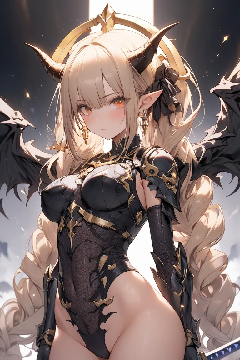 ((best quality)), ((Artwork)), (detailded), 1 girl, Dragon woman, cabellos largos dorados, golden armour, Golden Dragon Knight, golden wings, pinky skin, Eyes red, legs thick, blush cheeks, golden giant sword
