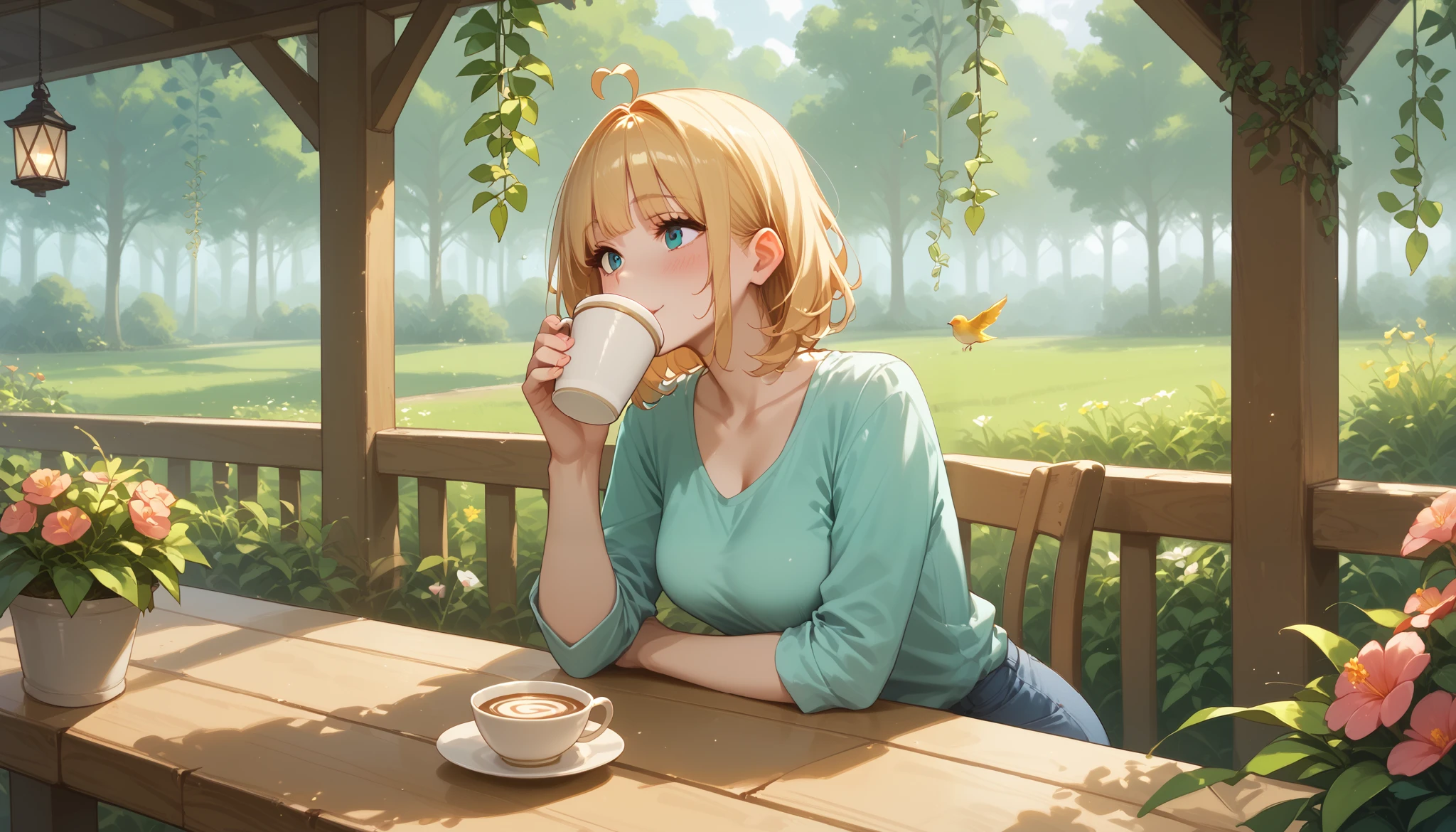 A small, charming café named "Melody Mood" nestled in a lush green forest. The wooden café is covered with creeping vines and blooming flowers. A soft golden glow emanates from the lanterns, creating a warm and inviting atmosphere. A woman sits alone at a wooden table, sipping coffee while enjoying the peaceful ambiance. The air is filled with the scent of fresh coffee and the distant sound of birds chirping.

