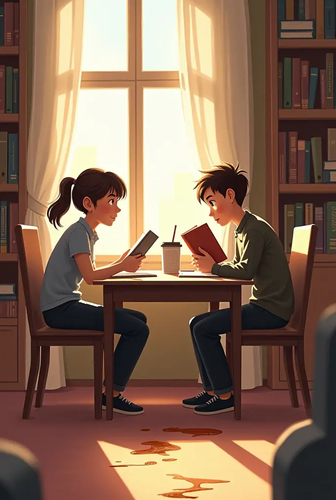 Create a image'
Alex is sitting at a table, reading a book. Jamie walks in, glancing at the shelves, and accidentally bumps into Alex’s table, spilling coffee.