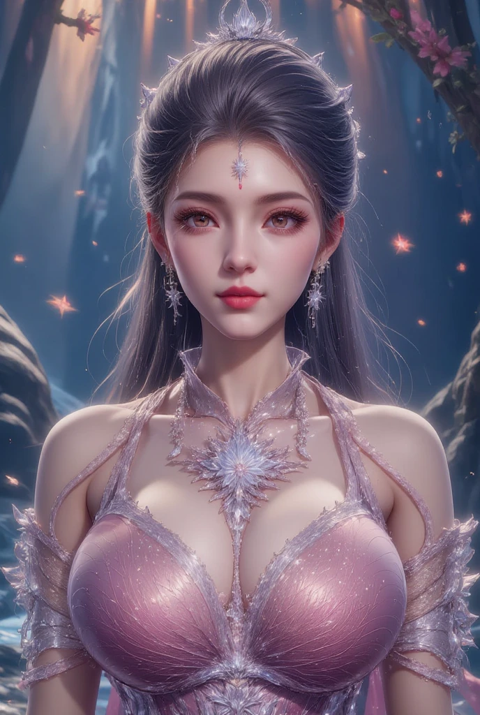 (best quality:1.3), (best performance:1.2), (best illustration:1.2),(masterpiece), the best quality, expressive eyes, perfect face, ((a realistic beautiful woman in elegant long dress posing shows her Huge breasts looking at camera with soft smile)),(((platinum hair with highlights, hair highlights, coloured inner hair, full layer thick hair, long straight hair))), ((full detailed Strapless dress, split dress, tight dress:1.3,tight hips)), detached sleeves, dress covered , no bra,(no panties), ((beautiful crystal purple eyes, beautiful detailed eyes)), long eyelashes, mascara, light pink eyeliner,light pink lips, (butterfly hair ornament, mini butterfly earrings, butterfly jewellery necklace),((huge breasts:1.3, thick boobs, cleavage, thick hips, body curvy, wide hips)), thick thighs, bare shoulders, golden fireflies shine that shimmer, rose, flower, glisten sparkles, lightning, glow and shine crystal, white and blue flora pastel tetradic colours, proportionate, background starry night sky,(glisten sparkles), (1girl), (solo)