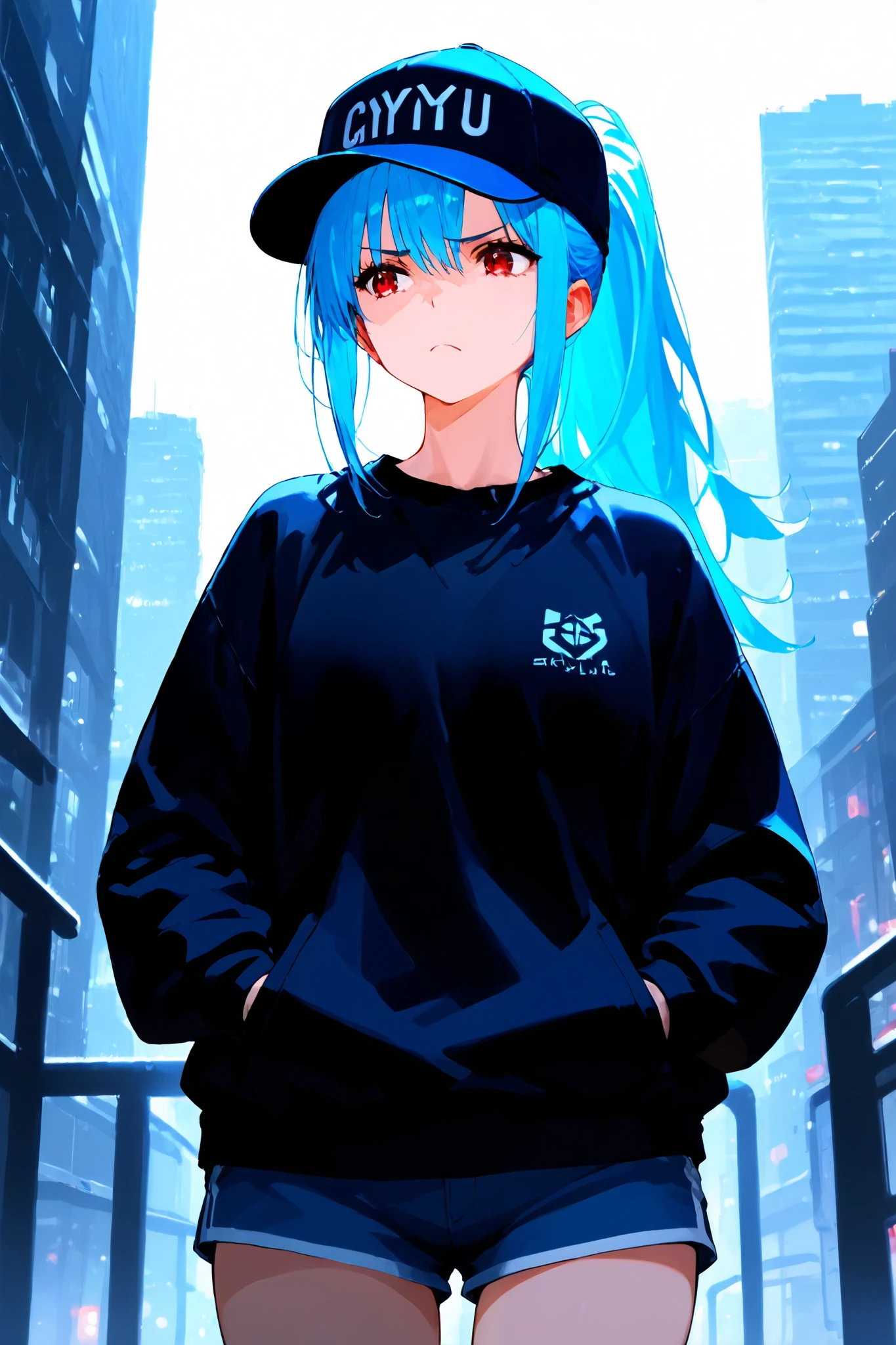masterpiece, best quality, highest resolution,1 girl, solo, skyblue hair, long ponytail hair, red eyes,frown, baseball cap, day city background, black shirt, shorts, hands in pocket,