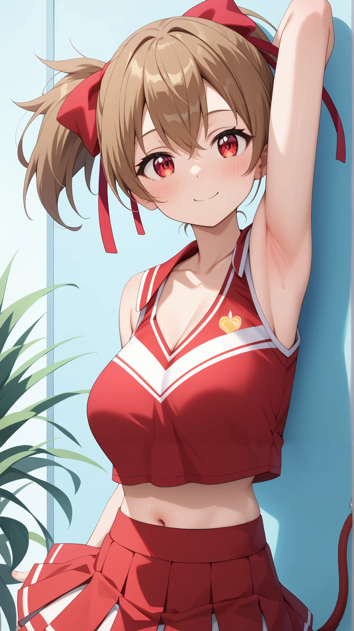  ponytail so that the palm of his hand is reflected on his cheeks 、silica,{{{goddess magazine}}},short hair,brown hair,Short Twin Tails,red ribbon,RED EYES,C cup breasts,,Show me your armpits ，  that doesn't show your armpits, it becomes transparent，cheerleader ， is leaning against the wall、Erase the tail