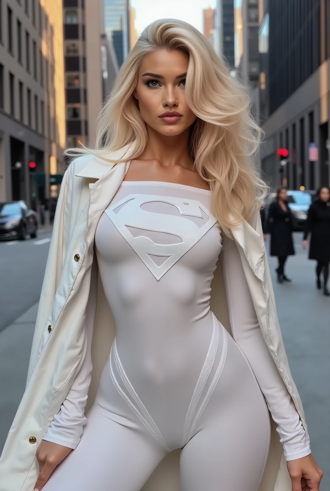 Vlada. Wearing white supergirl costume (supergirl insignia). Standing in the city streets. Dynamic pose.