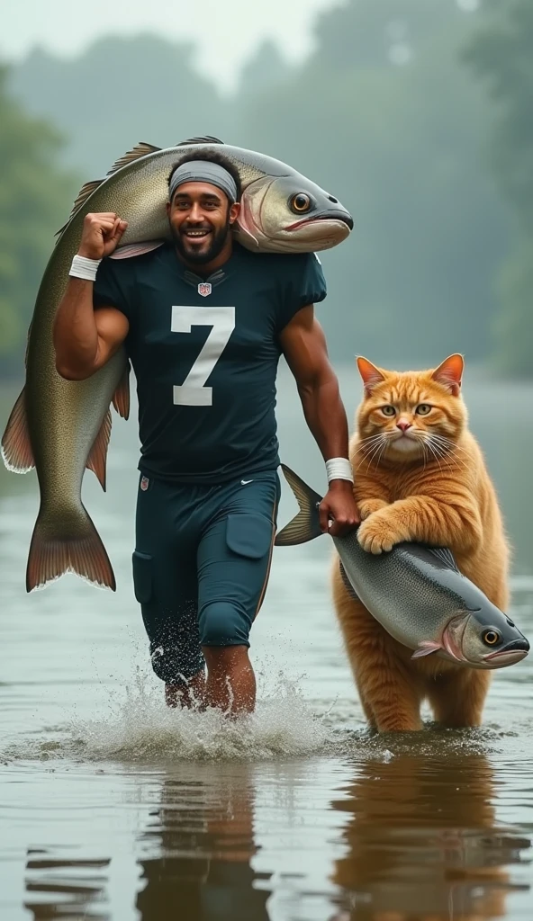 Muscular cat fighting a shark