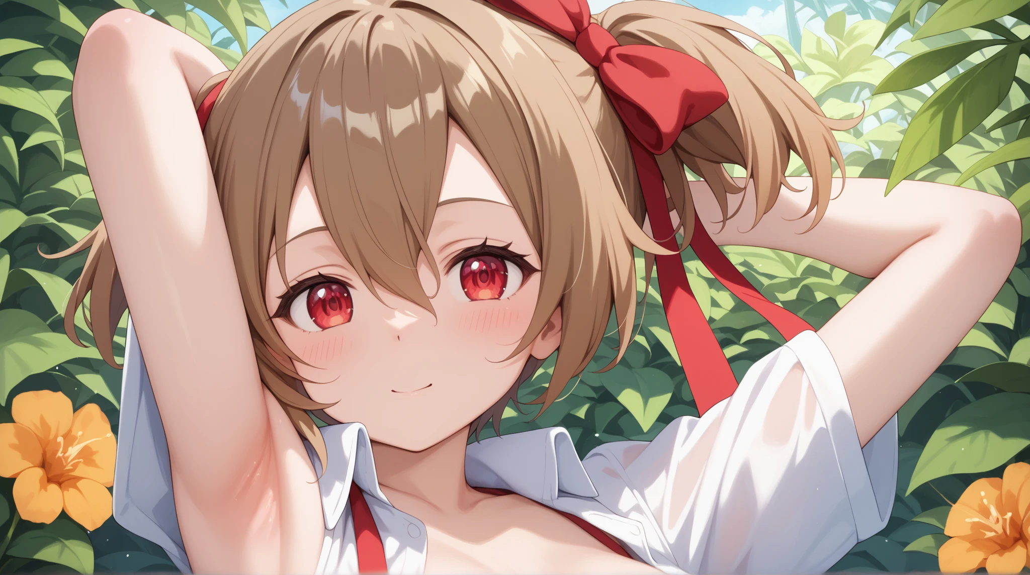 masterpiece,top quality,{{detailed beautiful face and eyes}}, very detailed background, silica,{{{goddess magazine}}},short hair,brown hair,short twin tail,hair bows,red ribbon,hair between his eyes,RED EYES,C cup breasts,,Show me your armpits , , that doesn't show your armpits, it becomes transparent,PE , skirt , dress shirt