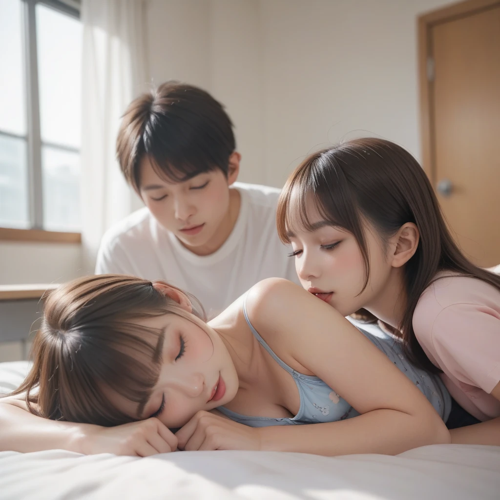 Photo of Cai Xukun,Hotel room,and a girl in a white T-shirt on the bed