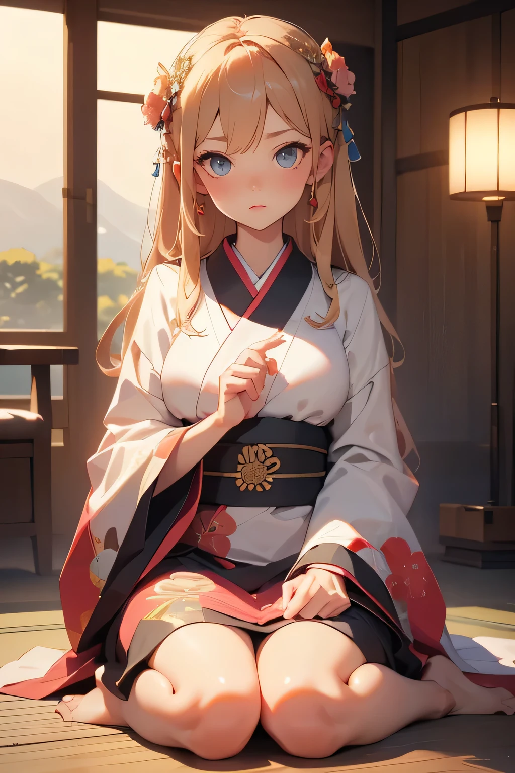 Beautiful young woman in kimono sitting on traditional Japanese floor, Bare feet are visible, ( top quality,4K,8k, high resolution,masterpiece:1.2), Super Detail,( is present,photo is present,photo- is present:1.37), complicated details, warm colored lights,Gentle colors, fine facial features, beautiful eyes, Detailed Hair , cornrows ,Natural Skin Tone, おしりを床につける,床に座り込む,