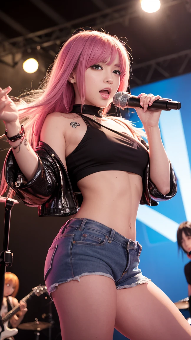 a woman wearing an ostentatious sexy silk stage outfit. outfit is made of (pink grey black white) camouflage pattern. made of silk. Army fatigues cap, cropped wrap vest top, tight figure-hugging camo shorts, patterned stockings, toned bare midriff, onstage, keyboard player. age 27. mixed race nigerian korean. (pale skin), slim, beautiful, sexy busty