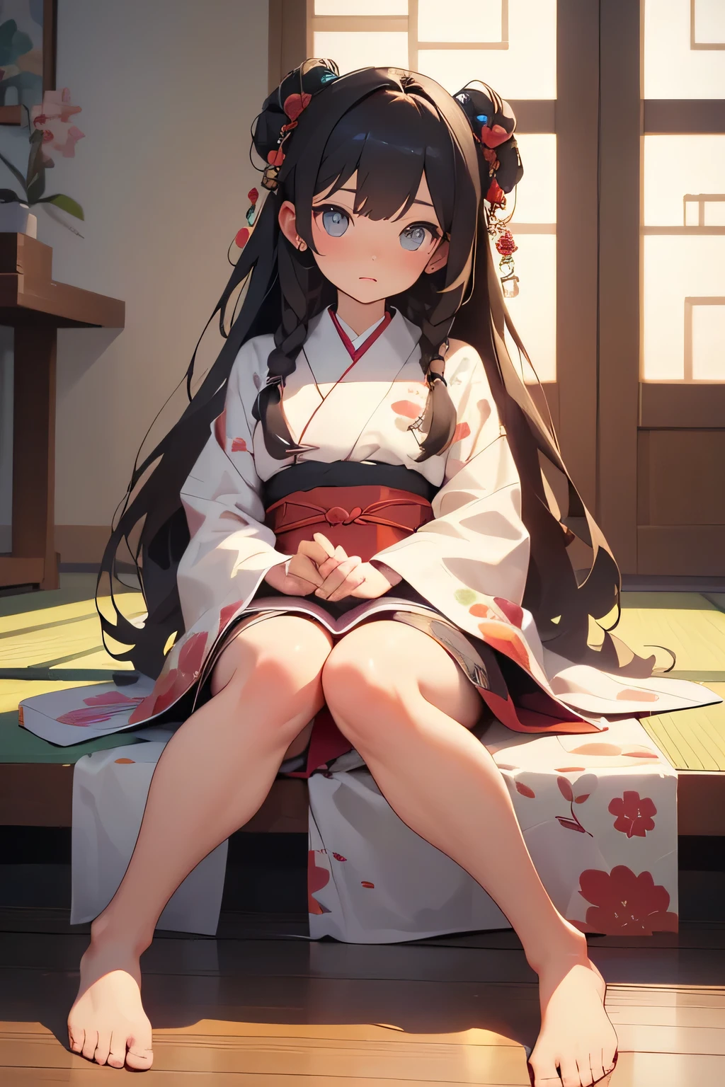 Beautiful young woman in kimono sitting on traditional Japanese floor, Bare feet are visible, ( top quality,4K,8k, high resolution,masterpiece:1.2), Super Detail,( is present,photo is present,photo- is present:1.37), complicated details, warm colored lights,Gentle colors, fine facial features, beautiful eyes, Detailed Hair , cornrows ,Natural Skin Tone, おしりを床につける,床に座り込む,