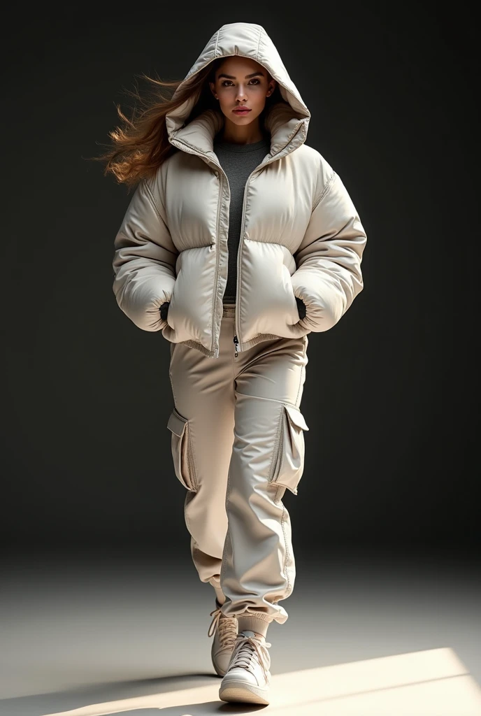 professionally color graded photograph of sexy svelte Polish 21 year old queer woman model wearing fleece straitjacket, walking on fashion runway, hard focus, depth of field, <lora:StraitjacketPsycho_v2:0.7>