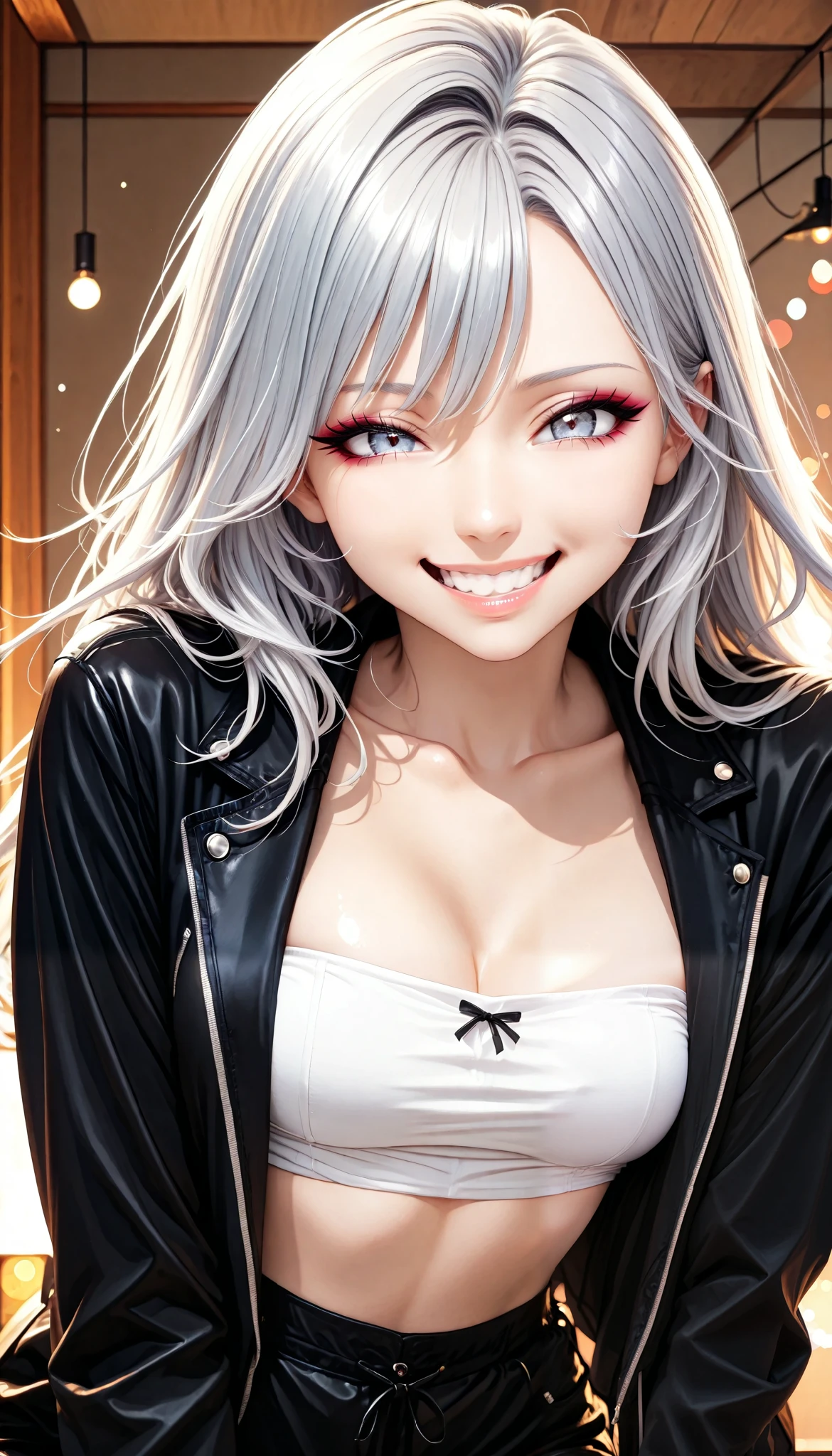 tube top of the eyebrow,jacket,cool,sexy,woman,long silver hair,( laugh, smile, ), beautiful shining eyes, glossy lips ,very detailed目と顔,Long Lashes,アメリカンバイクの横でsexyポーズ,random pose, cowboy shot,high quality,Pro Effects,4K resolution,Large scale,Super Detail,Photo,HDR,studio lighting,Extreme detail,Vibrant Colors,Bokeh,Portrait,photoshoot,anime style, anime paint,(最high quality:1.2,very detailed,CG illustration,masterpiece:1.2,Aesthetics at its best),