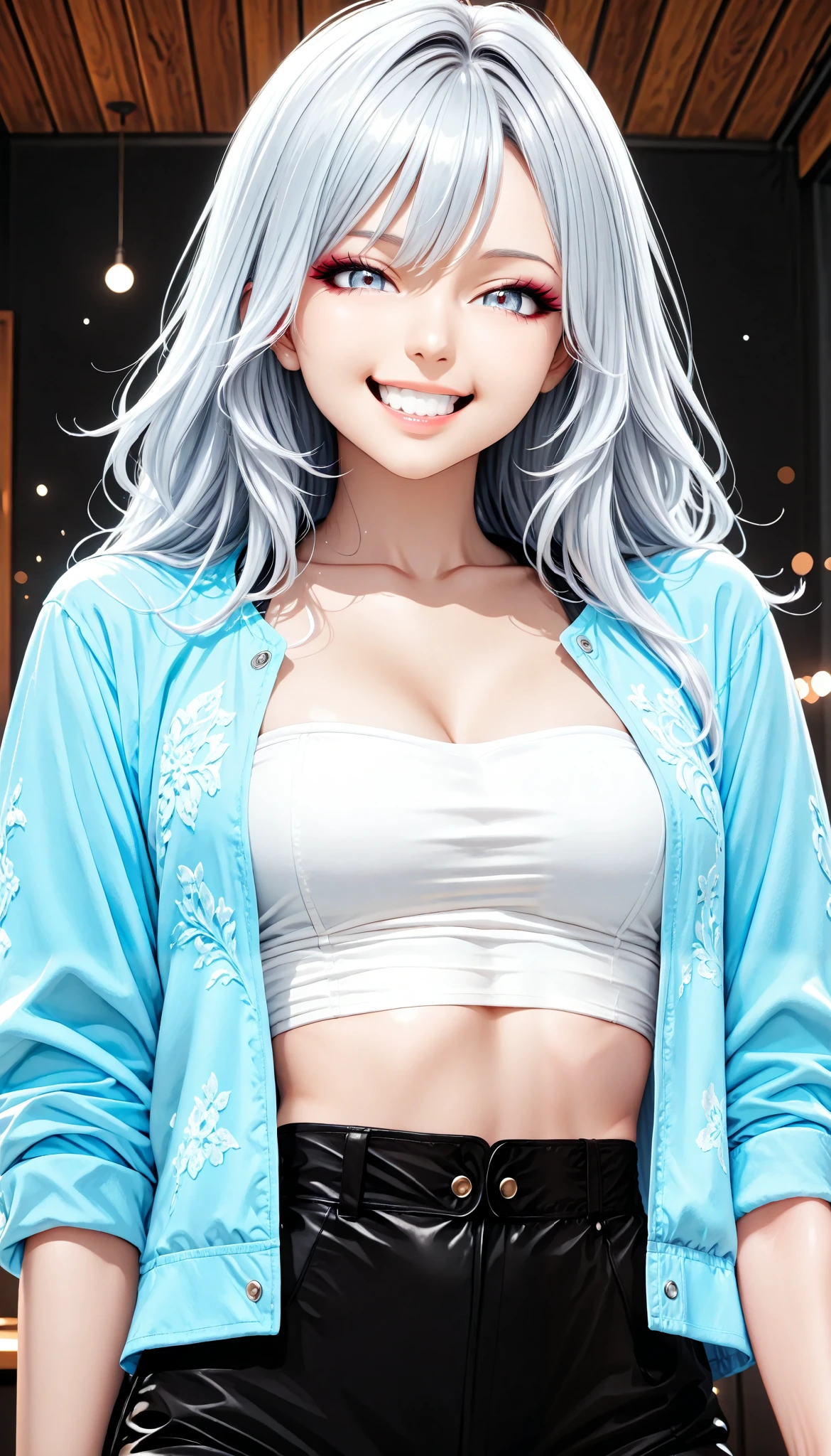 tube top of the eyebrow,jacket,cool,sexy,woman,long silver hair,( laugh, smile, ), beautiful shining eyes, glossy lips ,very detailed目と顔,Long Lashes,アメリカンバイクの横でsexyポーズ,random pose, cowboy shot,high quality,Pro Effects,4K resolution,Large scale,Super Detail,Photo,HDR,studio lighting,Extreme detail,Vibrant Colors,Bokeh,Portrait,photoshoot,anime style, anime paint,(最high quality:1.2,very detailed,CG illustration,masterpiece:1.2,Aesthetics at its best),
