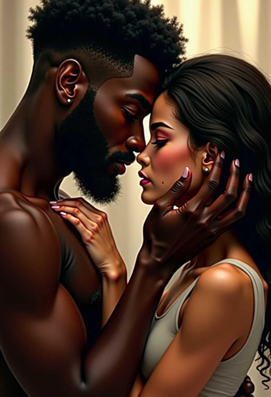 a close up of a young afroamerican man and beautiful Latin mulata woman with dark skin chocolate color eyes looking at viewer emerald green color, seductive big body balanced , perfect beauty, long silky hair with waves embracing each other, intimate holding close, man and woman in love, engagement ring ads, by Emma Andijewska, by Matt Cavotta, hand on his cheek, couple pose, couples portrait, arm around her neck, couple portrait, man and woman, lovely couple, holding each other hands
