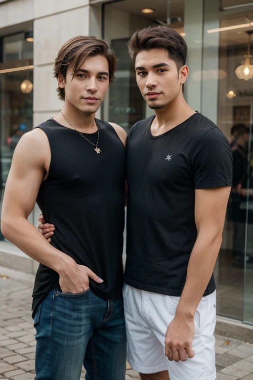 Boy, 23 years old, dark-skinned mulatto, Brazilian, Indian features, short straight black hair, amber eyes, slanted eyes, smiling, defined body in black denim shorts