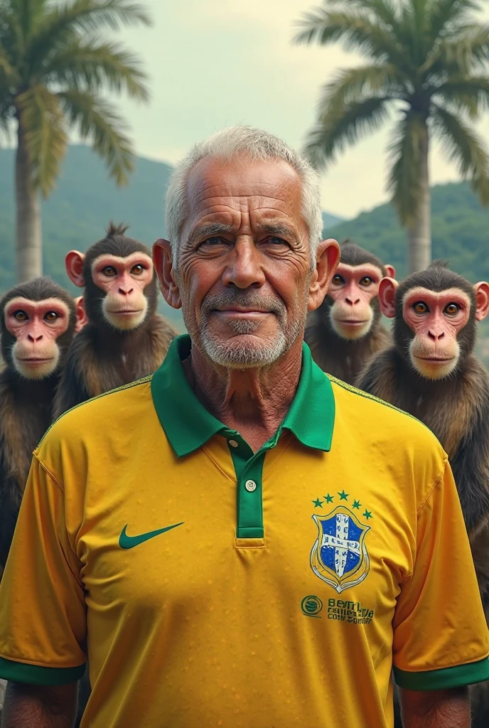 A man wearing a sports team jersey in the favela, sporting a monkey mask and a gold chain around his neck, with women beside him.