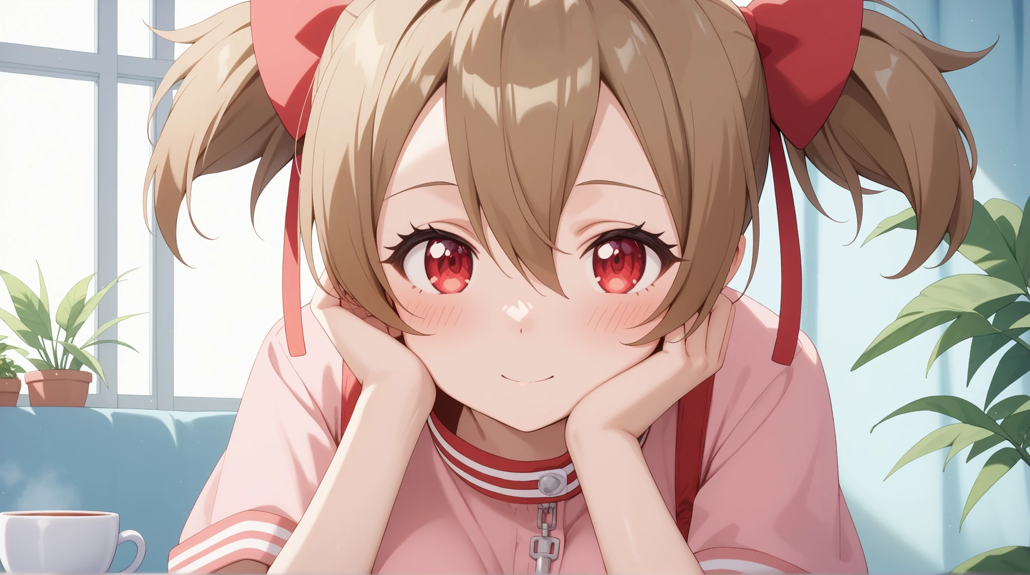 masterpiece,top quality,{{detailed beautiful face and eyes}}, very detailed background,
silica,{{{goddess magazine}}},short hair,brown hair,short twin tail,hair bows,red ribbon,hair between his eyes,RED EYES,C cup breasts,
((nurse,Cap、Big blush,closed his mouth:1.0),
(( lean forward, hands behind:1.2)),
(Hospital room:1.0), clothes、black underwear、Open your legs、
( ponytail so that the palm of his hand is reflected on his cheeks )
