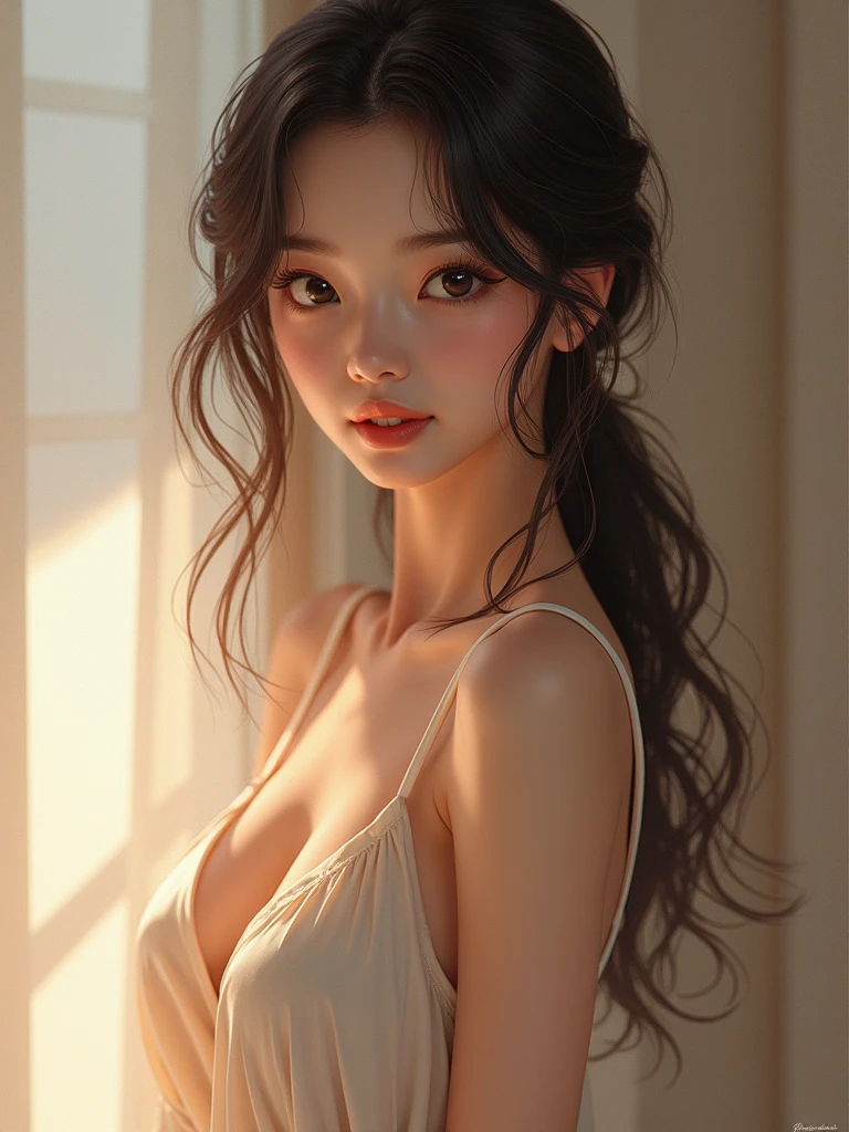 She is in her early 20s with long, wavy black hair cascading over her shoulders. She is dressed in a simple yet elegant outfit, such as a flowing traditional dress or a modern, casual outfit in soft, warm colors. She has a serene expression, with a slight smile on her face, exuding grace and warmth. The background is a bright, open space with soft, natural lighting, possibly a serene outdoor setting or a well-lit, cozy room, creating an inviting and peaceful atmosphere.”( Indian girl)