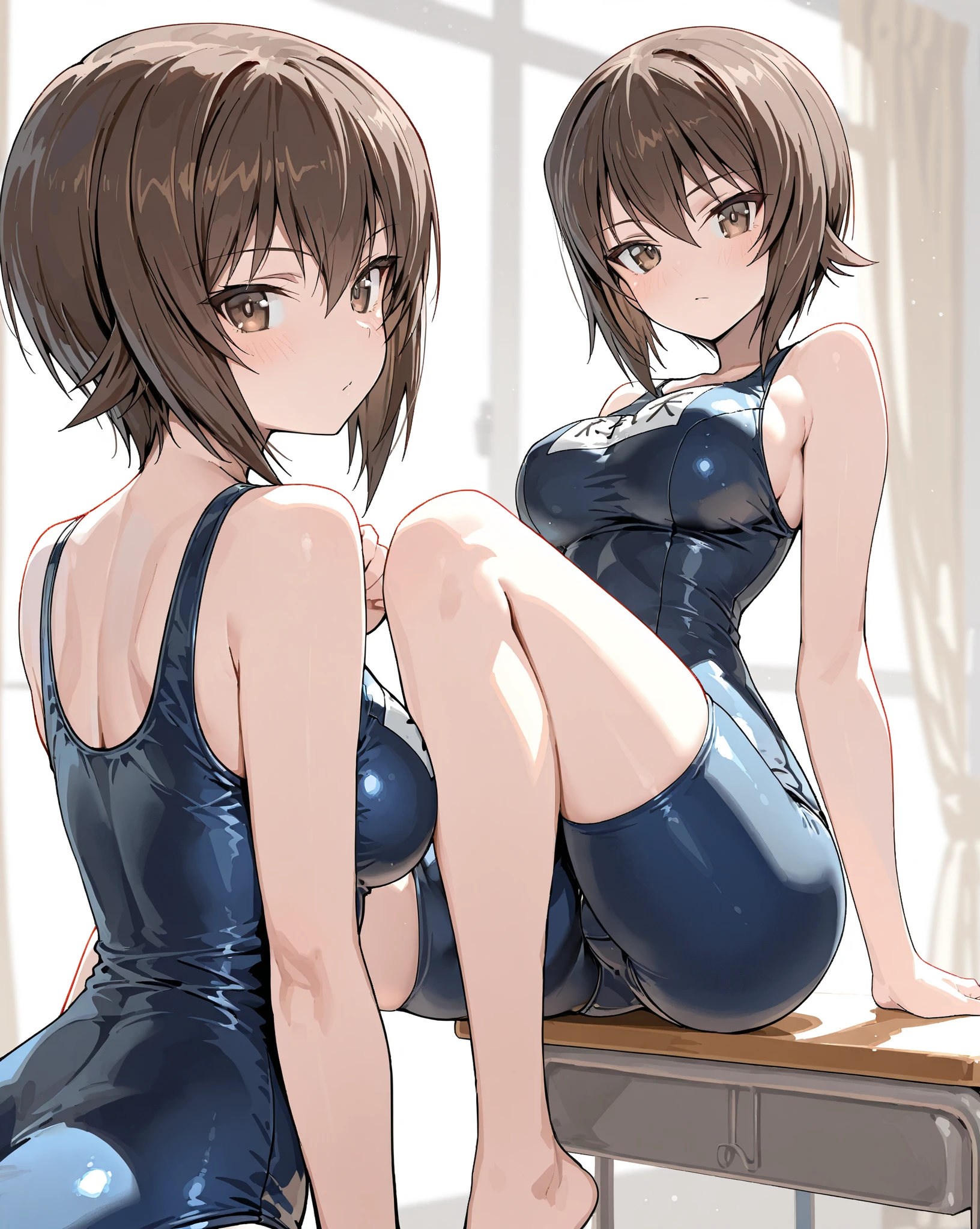 (((masterpiece, best quality, ultra highres, 1 girl, solo, no background))), super detailed skin and face and eyes and finger, beautiful japanese woman, small breasts:1.5, skinny, light brown hair, white background, very short pixie hair, cowboy shot, Generate with illustrations, Various expressions, Various poses, Please draw the entire character within the frame, ensuring that the head, arms, and legs are not cut off. The background should be simple, with the character positioned centrally, outline, anime, 2d, boyish, sexy leotard, spread legs, expressionless,