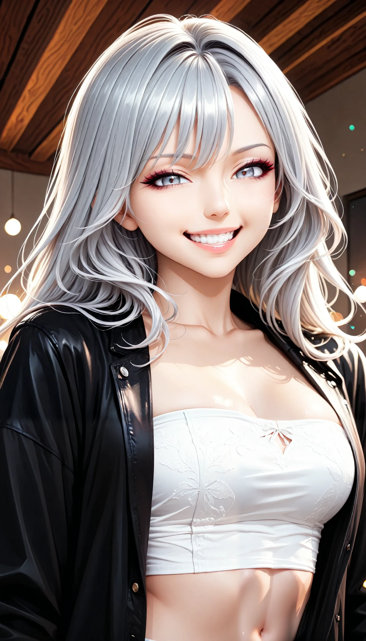 tube top of the eyebrow,jacket,cool,sexy,woman,long silver hair,( laugh, smile, ), beautiful shining eyes, glossy lips ,very detailed目と顔,Long Lashes,sexyポーズ,random pose, cowboy shot,high quality,Pro Effects,4K resolution,Large scale,Super Detail,Photo,HDR,studio lighting,Extreme detail,vibrant colors,Bokeh,Portrait,photoshoot,anime style, anime paint,(最high quality:1.2,very detailed,CG illustration,masterpiece:1.2,Aesthetics at its best),