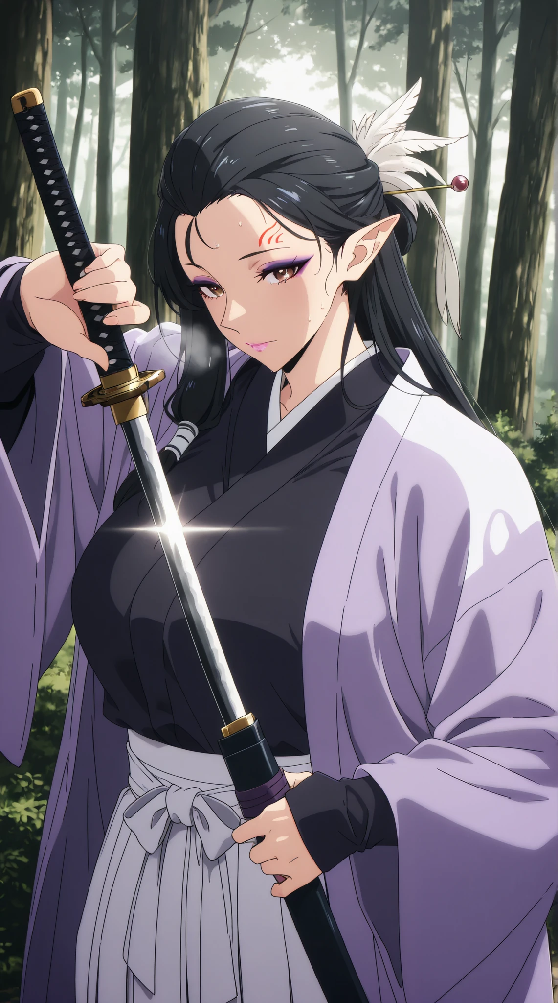 anime coloring, anime screencap, anime-style detailed background, vignetting, masterpiece, high quality, absurdres, best quality, very aesthetic, newest, dynamic composition, anatomical correct, HD, 4K, digital art, trending on ArtStation, perfect body, perfect eyes, perfect fingers, gasping, heavy breathing, excessive sweating, sweating, sweating profusely, gasping profusely, cinematic, ((skindentation)), ((curvy)), KJOtfm, elf, pointy ears, black hair, brown eyes, hair tubes, half updo, hairpin, feather hair ornament, long hair, forehead mark, purple eyeshadow, pink lips, big nose, bright pupils, ((flabby stomach)), plump, pointing breasts, 1girl, weapon, japanese_clothes, sword, solo, unsheathing, holding, holding_weapon, katana, kimono, looking_at_viewer, forest, nature, holding_sword, sheath, haori, sleeves_past_wrists, outdoors, hakama, closed_mouth, black_kimono, long_sleeves, skirt, wide_sleeves, hakama_skirt, tree, glint