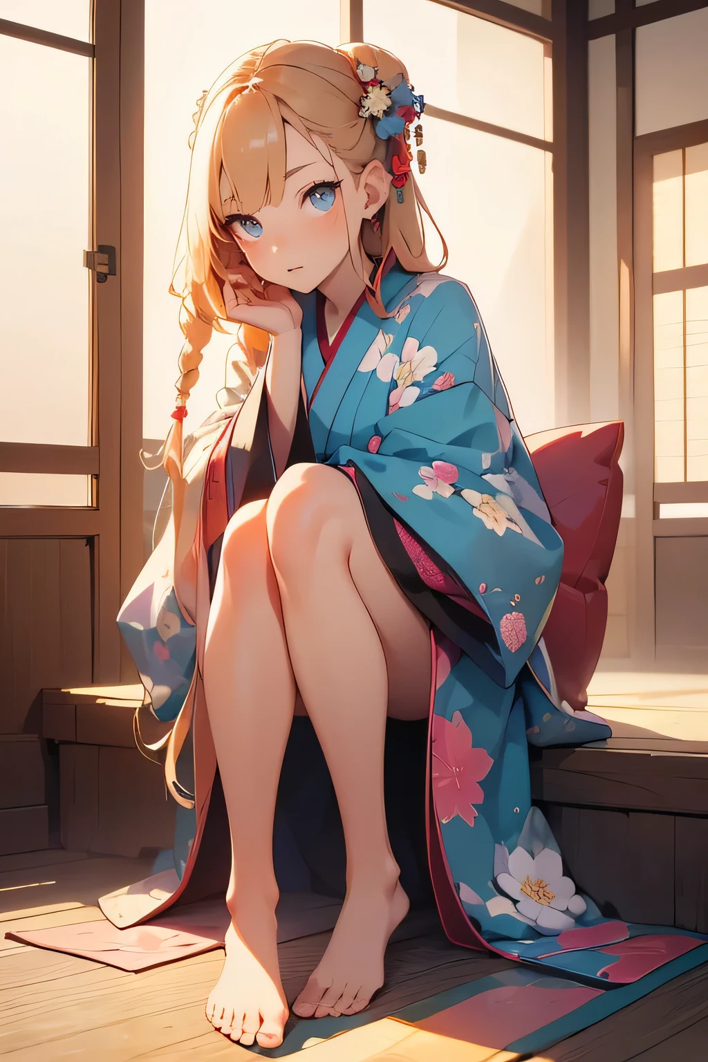 Beautiful young woman in kimono sitting on traditional Japanese floor, Bare feet are visible, ( top quality,4K,8k, high resolution,masterpiece:1.2), Super Detail,( is present,photo is present,photo- is present:1.37), complicated details, warm colored lights,Gentle colors, fine facial features, beautiful eyes, Detailed Hair , cornrows ,Natural Skin Tone, おしりを床につける,床に座り込む,