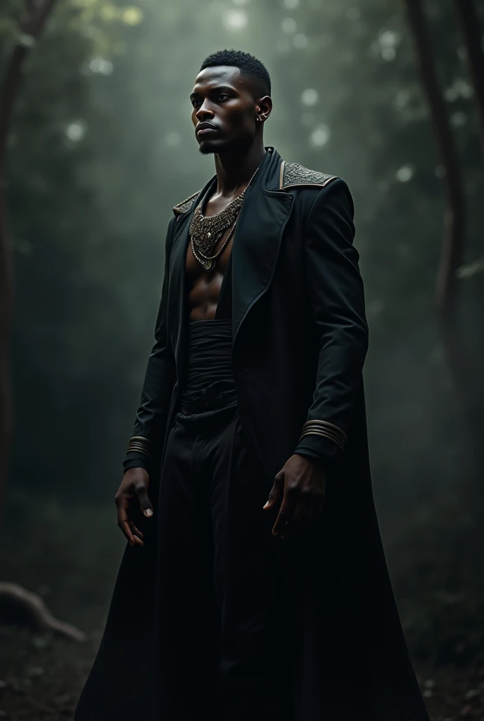 Handsome man, black, bright yellow look, that stands out in the darkness of the forest, with a muscular and strong body, wearing a black cape, with chewed and square jaws, half body picture. he is partially surrounded by total darkness, you can only partially see your body because of the shadows