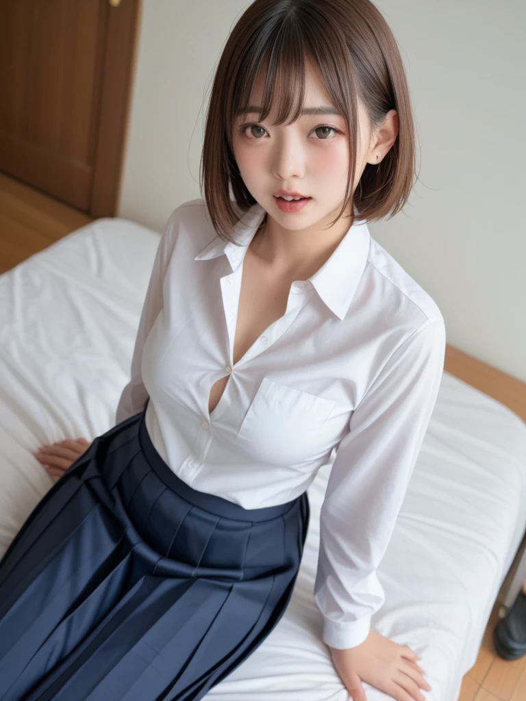 女の子1人、Blushing cheeks、shyly smile、optic、Female School Uniform、large full breasts、White open shirt sticking to the chest、Tartan checked skirt、florals、hair pin、a necklace、piercings、Leaning forward、from below looking up、depth of fields、pointed red mouth、Glossy reddish-brown shorthair、Black eyes、鎖骨、Beautiful fingers、Hourglass body、portrait of a full body、Hurry up and loosen your tie、Touching the tie、Watch the viewer while unfolding the tie、Sit cross-legged on the bed、