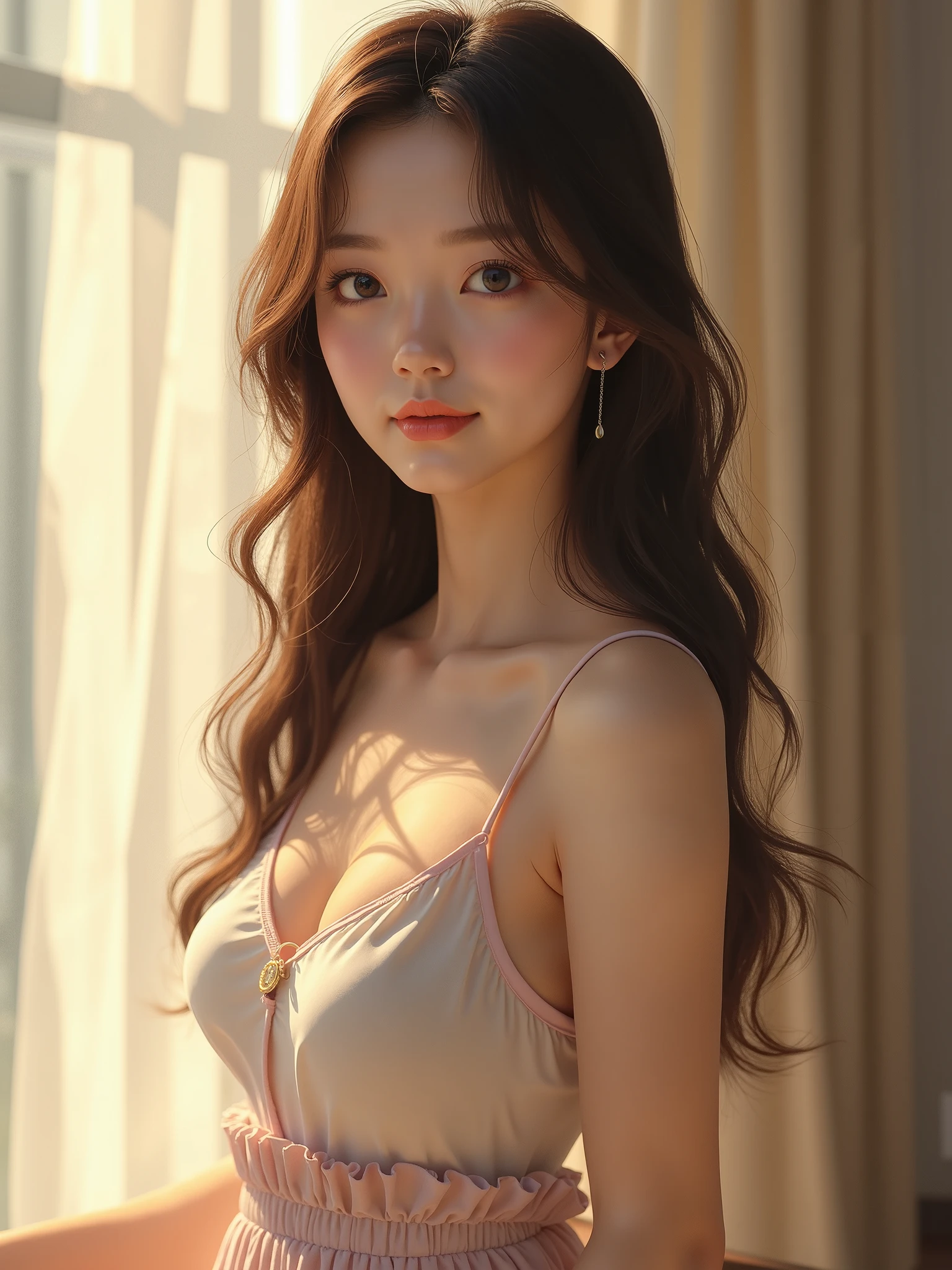 (luxurious robes.), Young woman, noble, beauty, playful, clean), Red hair, curly hair, dirty hair, long hair, mole under the eye, heart-shaped pupils, half-closed eyes, Sparkling eyes, heart earrings, parted lips, seductive smile, Moans, Torogao, Naughty face, Blush all over the face, anime, romanticism, Genre painting, anime style, Falling Shadow, Tachi-e, cowboy shot, ultra wide angle, wide shot, above, From Side, UHD, high detail, Super Detail, textured leather, 4K