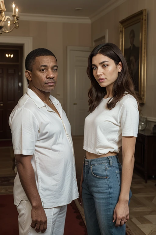 1 rapaz, pele escura , bald head, com uma camisa cor vermelha, a pair of burgundy pants, Behind him is a table and a woman sitting next to him with a waiter