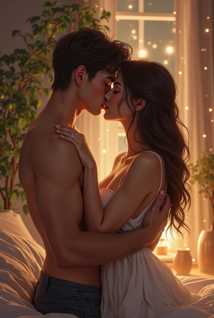 Generate an image depicting a romantic scene with a young couple surrounded by flickering candlelight, rose petals on a satin-draped bed, and a gentle breeze carrying the sweet scent of jasmine. Convey profound intimacy and passion as they exchange tender glances under a starlit sky visible through an open window.