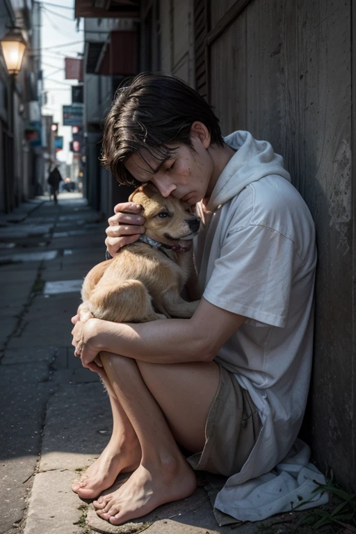 There was a little boy playing with a dog, Heartwarming, emotional picture, with stray dogs, tocar, powerful photos, goodness, inspiring, absolutely outstanding image, black and white picture, thought provoking, Black and white, best friends, holding paws