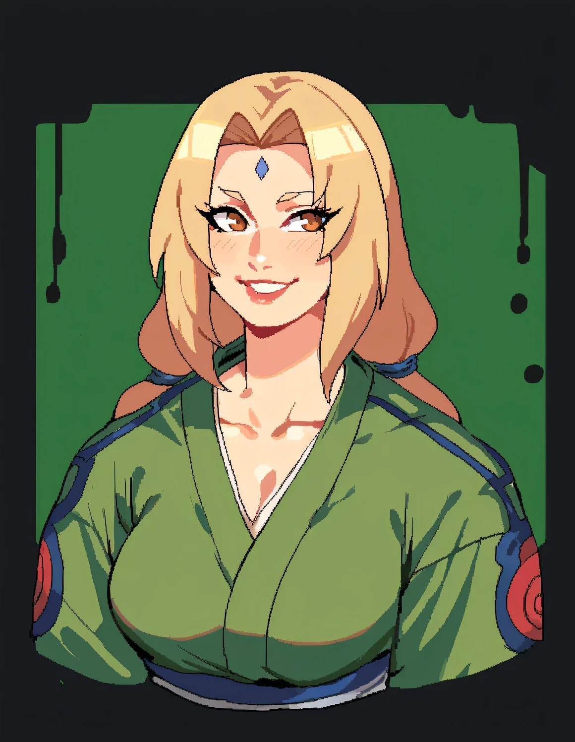 Tsunade ( Naruto ) sexy smile, hokage clothes, panty, big bobbies, upper view , dark green background , black background
