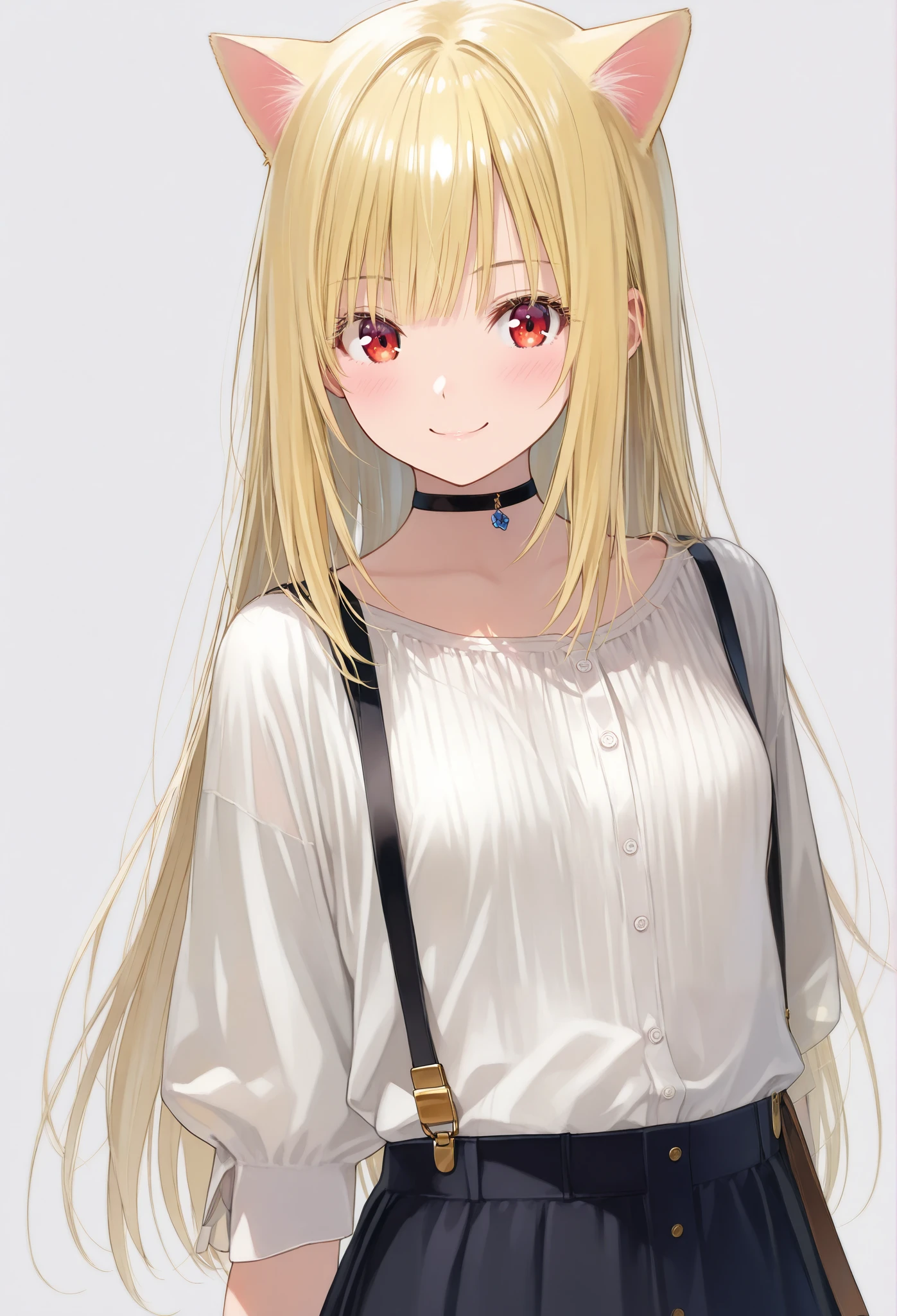 ■ Compilation ■(2020s animated:1.0),She is positioned in the center of the image,■People■(cute Girl:1.0), ■顔■Innocent smile,blonde bobcut,(detailed blonde eyelashes:1.1),looking at viewer, ■Body Type■Skinny,perky breasts,small breasts, ,cat ears,■Clothing■ (white blouse, black choker, black skirt, suspenders:1.0) stylish looks, full view, detailed Fabric Textures Cloths■髪■ (beautiful straight hair:1.0)■Product■ Masterpiece, amazing quality, perfect anatomy, very aesthetic, ((outlined outlined vector graphics)),No norm,