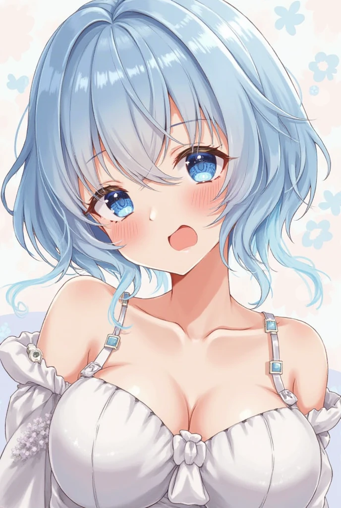 girl,light blue hair,Short hair with soft perm,((close up of face:1.3)),((Simple lightblue background:1.5)),((cleavage and )),(NSFW:1.3),((fellatio:1.4)),(used condom:1.1),((used condom:1.1)),(Cute heart-shaped clothes:1.35),((wink cutely:1.2))