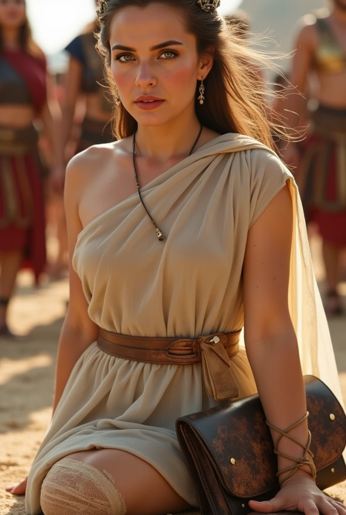 (Emma Watson) sexy body, wearing ancient Sexy Red Slit Egyptian dress, sexy cleavage, in the desert, bones of dead animals