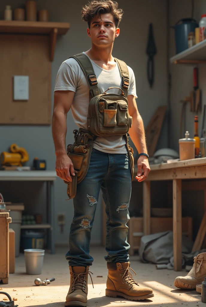 character:
Age and Appearance: Young male, About 30 years, with a confident and energetic attitude.
hair: negro, short and somewhat disheveled, with strands that fall slightly over the forehead for a modern look.
CLOTHES: She is wearing a tight t-shirt, Possibly in a dark color like black or gray, and a sleeveless vest over it, which could be a purple color. The vest has several tool pockets and functional details..
Accessories: He holds a yellow and black Dewalt impact driver in one hand, which adds a touch of action and dynamism to the image.
bottom:
Environment: A repair or DIY workshop. The background is full of shelves with tools, melamine furniture and some machines or work benches.
Background details: Tools hanging on the wall, an open toolbox with various tools scattered around, and perhaps some blueprints or manuals on a work table to give the environment a more authentic feel, The character is dedicated to assembling melamine furniture, On the wall there is a white picture that says MUEBLES LUMEXA