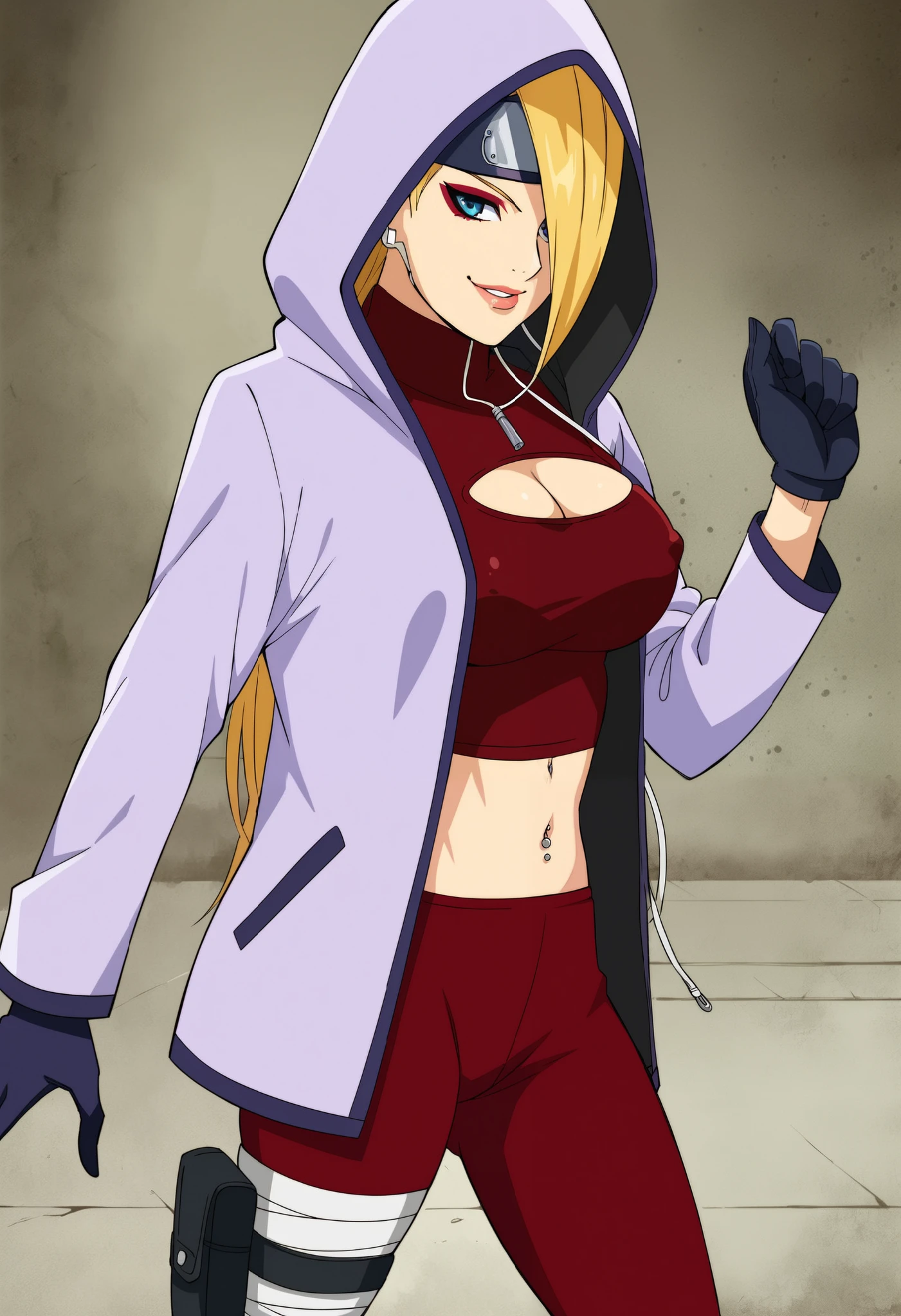 YodoBNNG, 1girl, solo, fair-skinned girl, blonde hair, long hair, unruly hair, hair between eyes, hair over one eye, large bang, forehead protector, dark blue eyes, lips, large breast, cleavage cutout, clothing cutout, hood, hoodie, jacket, half-unzipped hooded light purple jacket, dark red full-body suit, black gloves, sandals, toeless footwear, earbuds, bandages around her ankles, bandages right thigh, makeup, thigh pouch,
seductive pose, sexy pose, tease, in the spotlight,,
smile,ruins,
score_9, score_8_up, score_7_up, beautiful aesthetic, very intricate, high quality details,vibrant, highly detailed, award-winning, professional,anime artwork, anime style, studio anime, athletic, curvy body, athletic girl, perky ,large breast,perfect , round breasts, nipple outline,looking at viewer, pinup pose,teasing, dynamic lighting, cinematic, smug, better than you, aura of temptation, highly detailed, high resolution, masterpiece, detailed clothes, detailed background, highly detailed, ((sound effects)) comic layout, , evil expression, exposed belly, exposed navel, exposed midriff, exposed lower belly, bellybutton , cleavage, navel piercing, ,dragon tattoo, narrowed eyes, tattoo midriff,