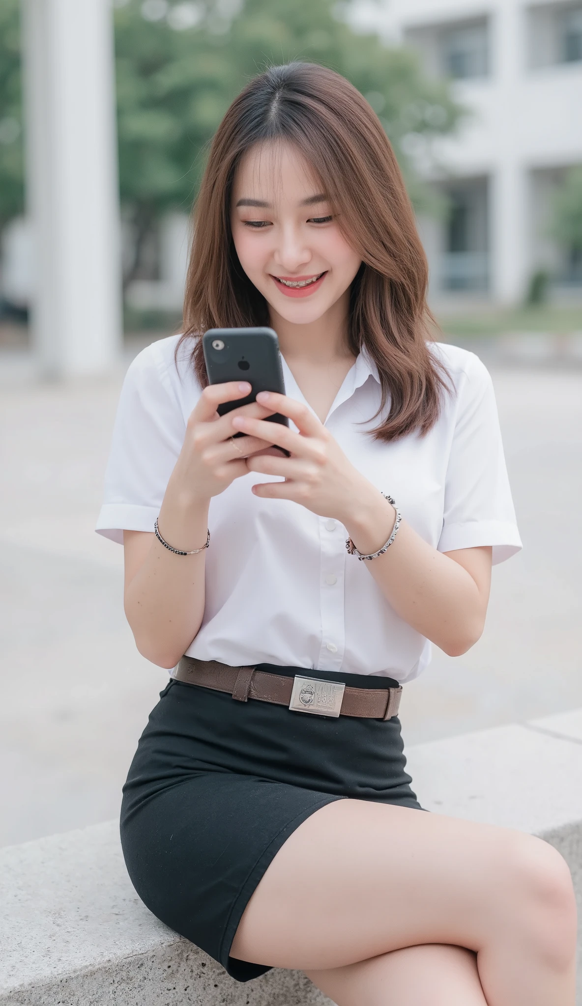 Young Asian girl with stylish brown hair, a cute smile, and braces. She has a slender figure and is wearing a white short-sleeve blouse tucked into a short black pencil skirt with a side slit. A suede dark brown belt with a university rectangle silver emblem sits at her waist. She accessorizes with a simple bracelet. Sitting and leaning forward, no intensional showing karge breasts. She holds an iPhone 15 Pro Max in her hands, fully engaged with the screen. The setting is a random spot in a university, capturing a natural and charming moment