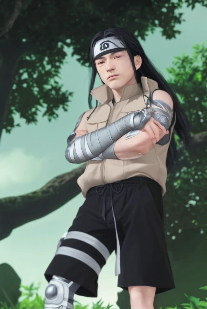 A highly detailed, ultra-realistic portrait of a 15-year-old male ninja with long, straight black hair, pale lavender Byakugan eyes, and a serious, calm expression. He wears an exact beige short-sleeved jacket with multiple pockets, a high collar, and black loose-fitting shorts. His arms and legs are precisely wrapped in white bandages, maintaining the original outfit design. A silver forehead protector with the engraved Hidden Leaf Village symbol is tied around his head. His stance is confident, arms crossed, standing in a lush green forest with sunlight filtering through the trees.

The outfit colors and details must remain unchanged – beige jacket, black shorts, white bandages, and silver forehead protector. No alterations in clothing design, no additional armor, accessories, or changes in color.

Photo-realistic textures for skin, fabric, and metal. Ultra HD, 8K resolution, cinematic lighting with soft shadows, realistic depth of field, and natural light effects. Slight film grain for a professional and immersive look.*
