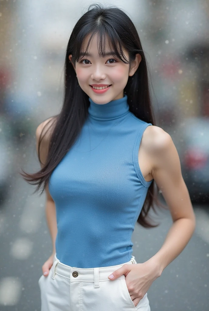 (32k, RAW photo, best quality, masterpiece:1.2), (realistic, photo-realistic:1.37), professional lighting, <lora:freyajkt48:1>, 1girl, smile, full body, (medium shot:1), seductive pose, (looking at viewer:1), high quality, ultra detailed, highres, 8k, accurate color reproduction, realistic texture, ((wearing sleeveless turtleneck)), (extra detailed), (best quality), 1girl, covered nipples,navel,((extra detailed body:1.3)), (realistic), 19 years old, narrow waist, long hair, breasts, standing on street, night, rain, wet, pale skin, detailed chignon hair, (realistic glistening skin:1.2), skindentation, masterpiece, best quality, high resolution scan, (photo by Canon 5d, 50mm ZEISS lens), hourglass proportions, (8k uhd, hdr, dof), (professionally color graded), sharp focus, natural lighting, (proportional eyes, same size eyes)