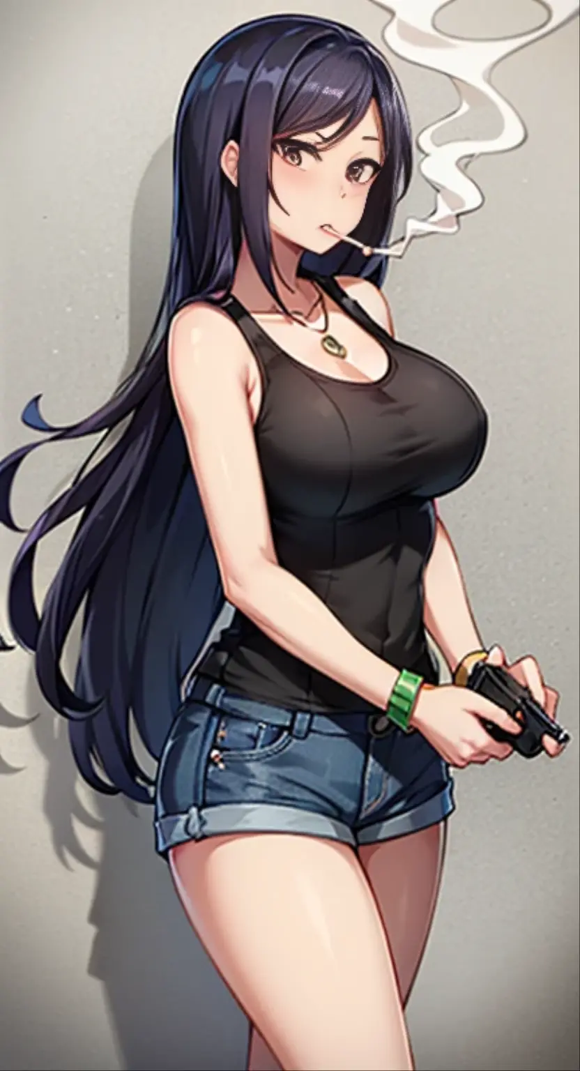 Highest quality,high resolution,2d,(Cel animation style),One woman,30 year old Asian female,(Straight long black hair),((Black tank top)),((Denim shorts)),((1 with a pistol in each hand.3)),(Skull Necklace),Black sneakers,(Beautiful face with slits 1.3),Black wristband on left wrist,Beautiful Style,Glamorous Body,(Large Breasts),(((Holding a cigarette)))