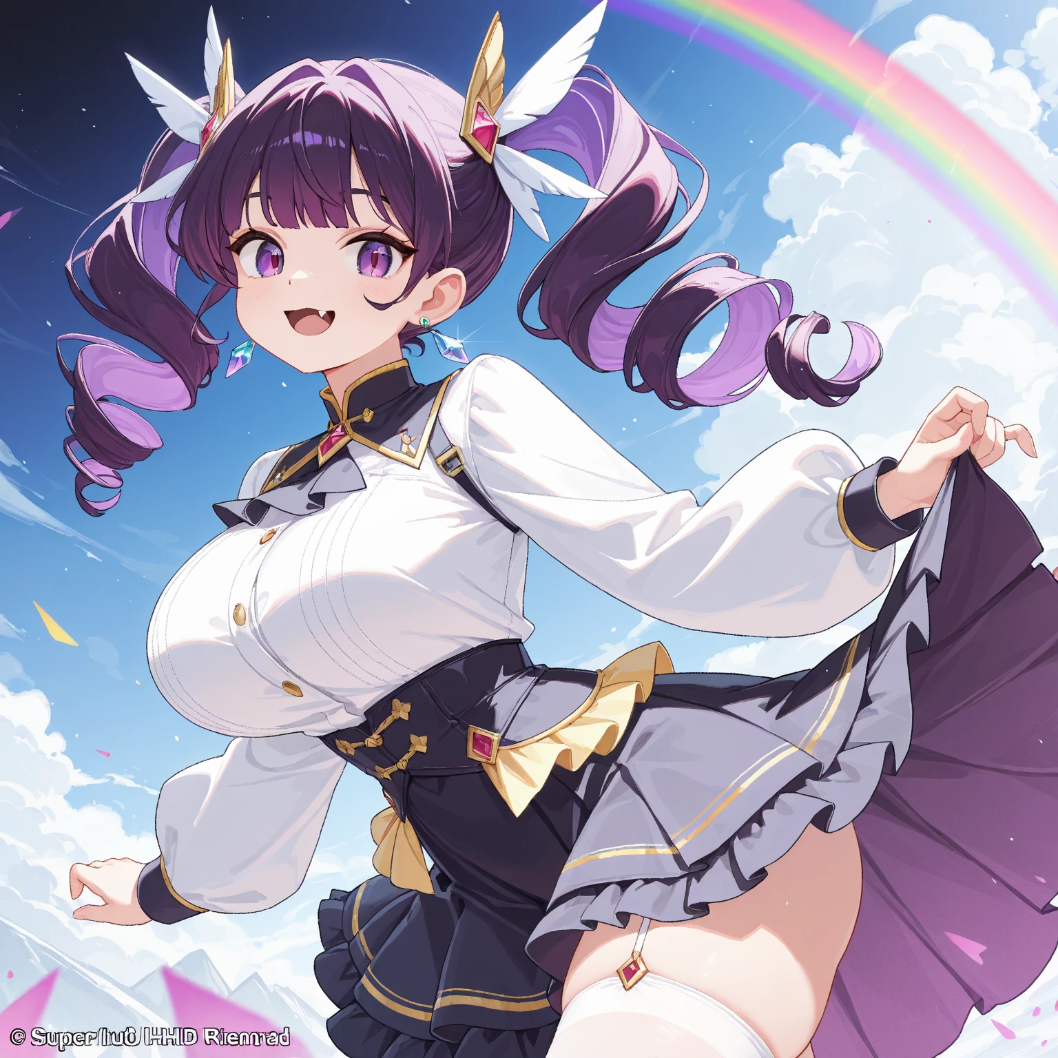 multiple girls, giantess art, highly detailed giantess shots, giantess, most detailed, perfect face, Two legs, Five fingers, A beautiful girl who is bigger than a skyscraper, Wearing rimless glasses, smile, huge breasts, blue base magical girl dress, bow, magical girl, holding a magical wand, black pantyhose, blue stiletto heels, thunderbolt from a magical wand, Destroying cities, Under heavy attack, A very small big city, Miniature metropolis, Full body description, GTS, giga giantess, stomping city, crash city, tiny city, micro city, pantyhose feet, High resolution, highest quality, masterpiece,